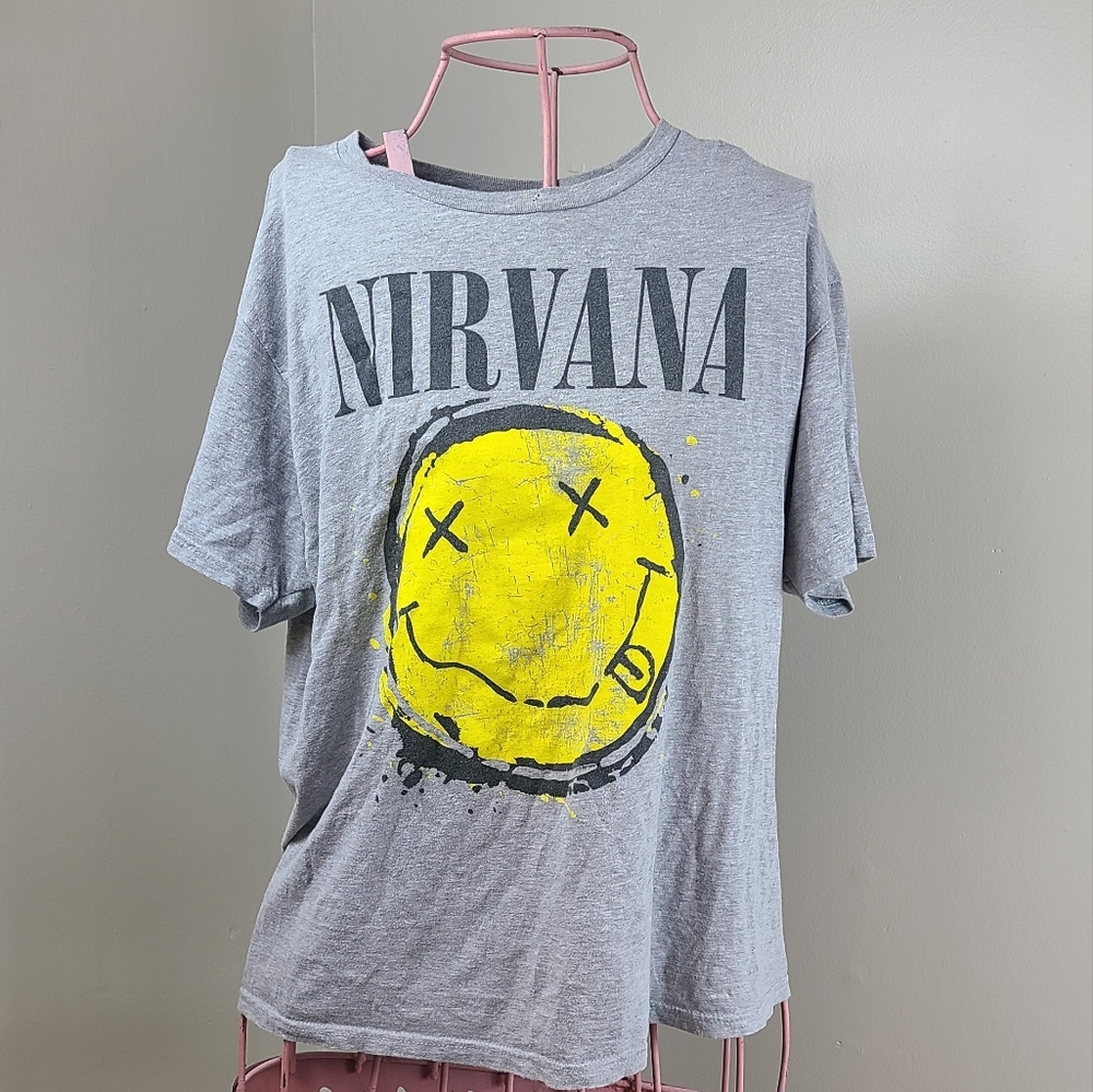 NIRVANA Smiley Face Men's Gray T-Shirt Cotton Blend Size Large